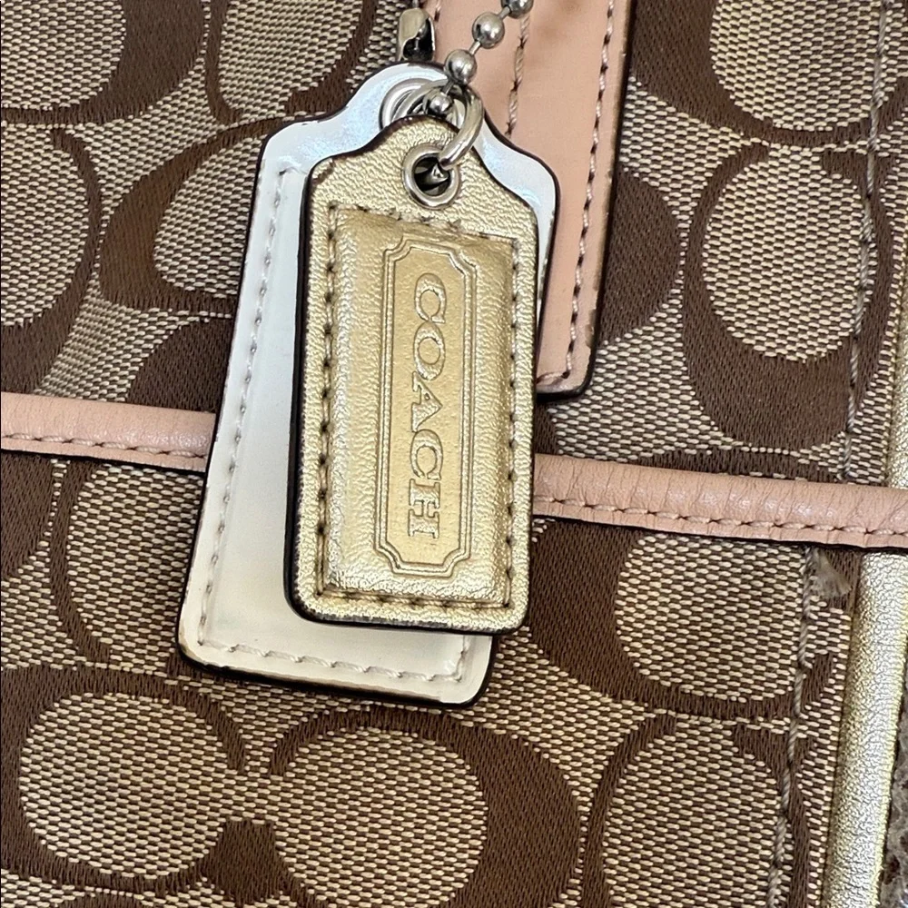 Coach Brown and Tan Signature Tote with Pink Accents
